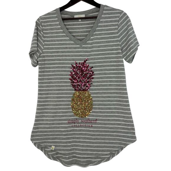 Simply Southern Sequin Pineapple T-Shirt Gray Stripe Large Cozy Everday Bling - Picture 1 of 7